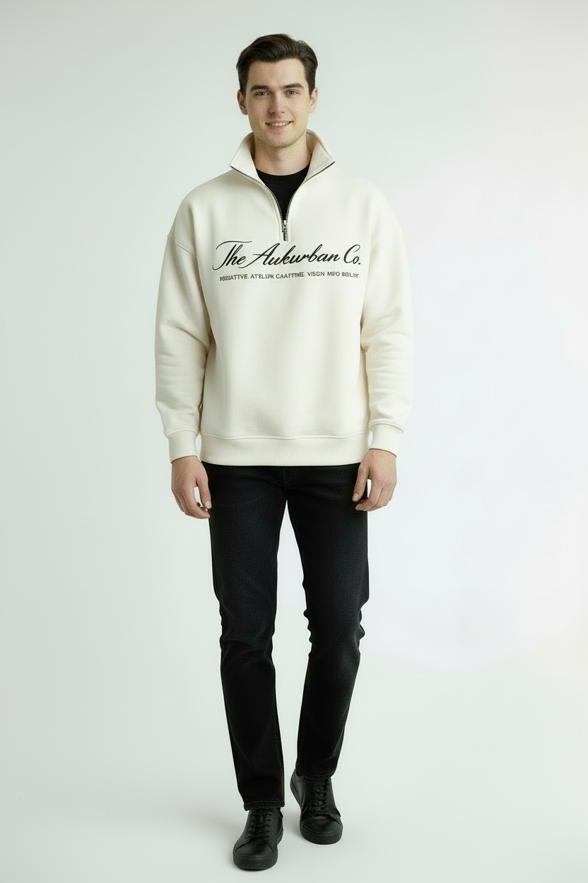 Nexaquin Men Off White Sweatshirt With Zipper Collar