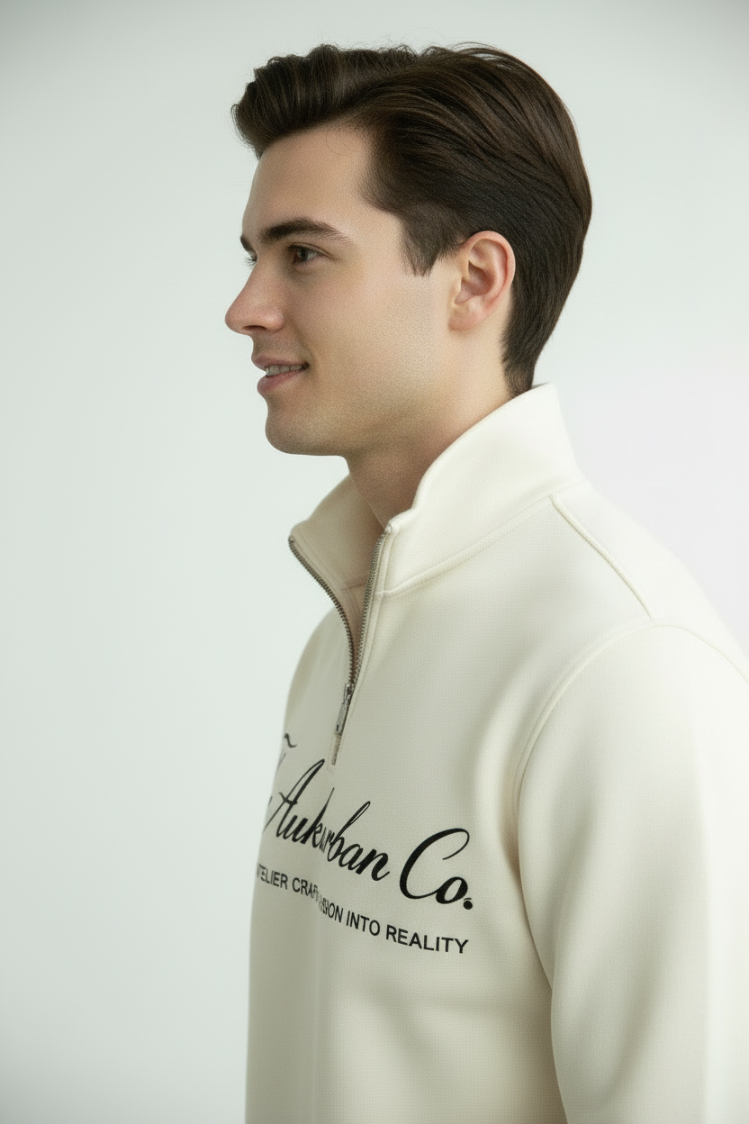 Nexaquin Men Off White Sweatshirt With Zipper Collar