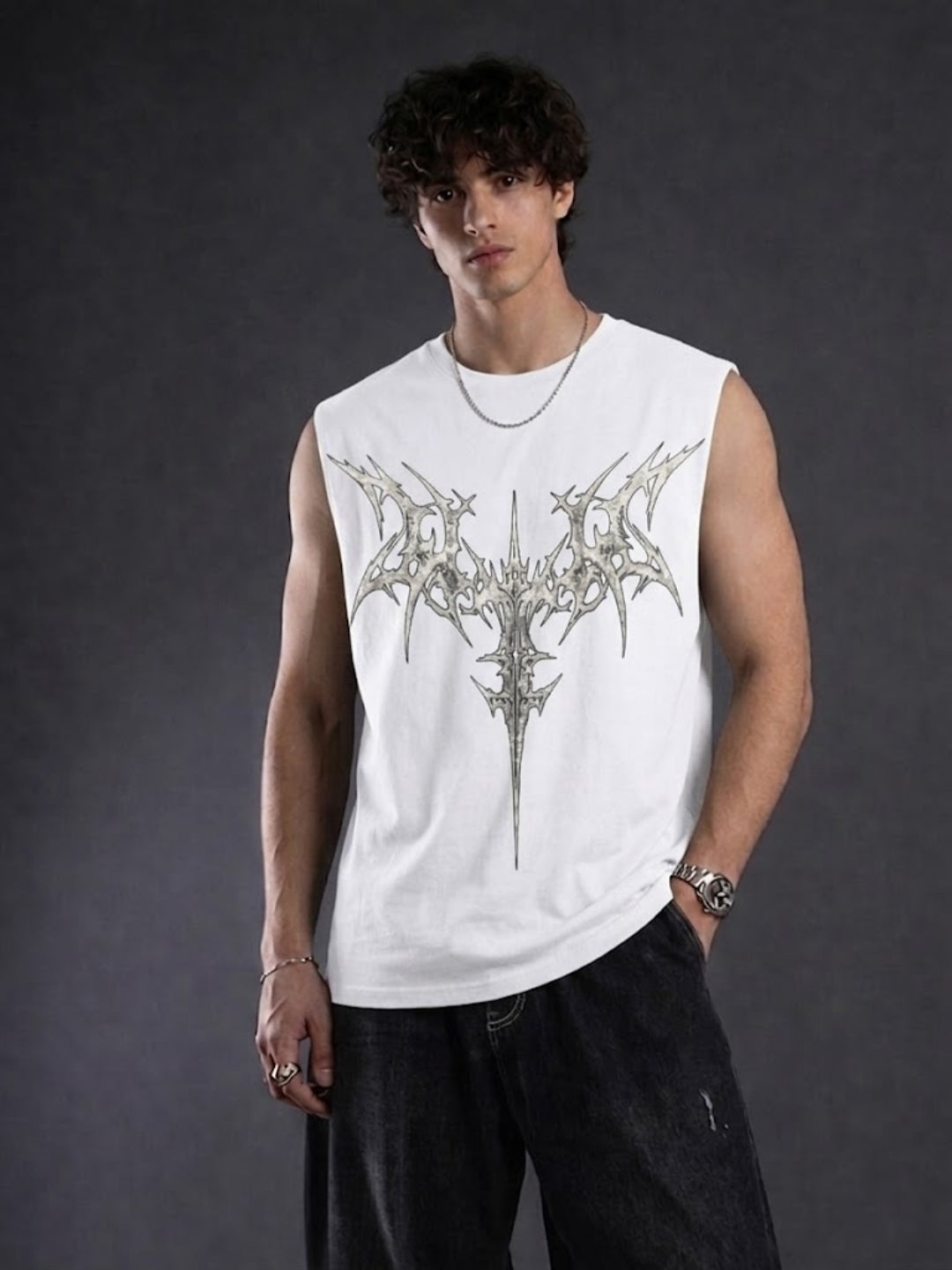 Metallic Shard Tank Gym Vest (White)
